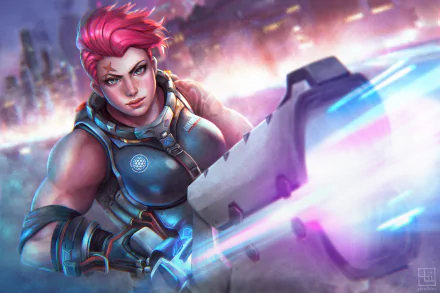 A dynamic HD wallpaper featuring Zarya from Overwatch, showcasing her fierce expression and powerful weapon against a vibrant background, representing the energy of the video game.
