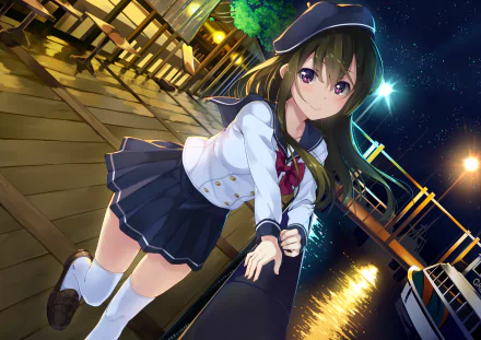 A vibrant anime scene featuring a girl in a sailor outfit, standing by a dock illuminated by moonlight and stars, making for an engaging HD desktop wallpaper and background.