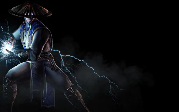 HD wallpaper of Raiden from Mortal Kombat X, featuring glowing eyes and lightning effects, set against a dark background, highlighting his iconic hat and powerful stance.