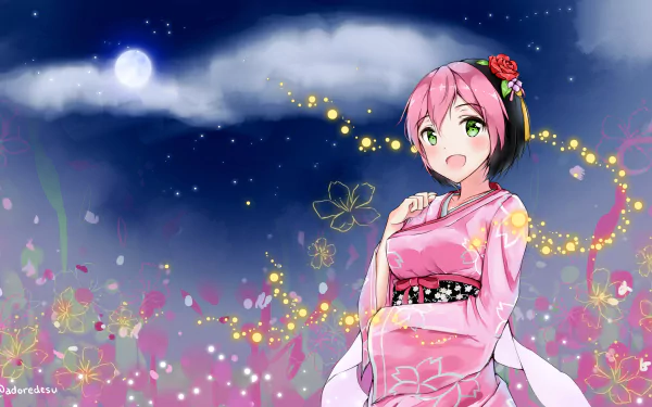 A vibrant 4K Ultra HD wallpaper featuring an anime character in a kimono against a whimsical background, inspired by the video game Osu!, with flowers and magical lights.