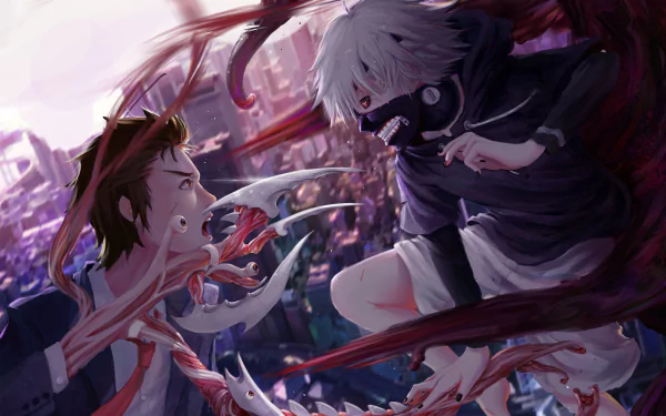 HD desktop wallpaper featuring an intense crossover battle between Shinichi Izumi and Ken Kaneki from different anime series, set against a vibrant and chaotic background.