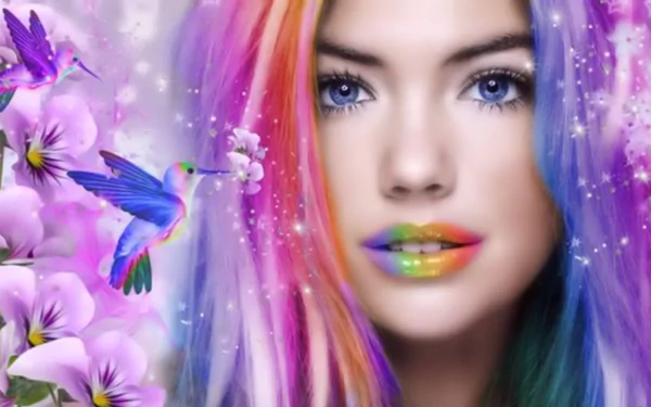A vibrant fantasy scene featuring a woman with colorful hair and rainbow lipstick, blue eyes, surrounded by hummingbirds and flowers, creating a striking HD desktop wallpaper.