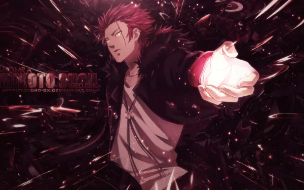 Mikoto Suoh from the anime K Project stands confidently against a dark, swirling background, showcasing his striking red hair and intense expression in this HD desktop wallpaper.