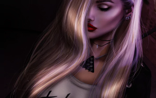 HD fantasy desktop wallpaper of a blonde woman with flowing hair, dramatic red lipstick, and subtle purple lighting creating a mysterious, ethereal atmosphere.