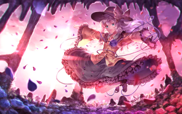 An enchanting HD wallpaper featuring Koishi Komeiji from Touhou, with aqua eyes and a stylish hat, set against a vibrant background filled with swirling petals and soft light.