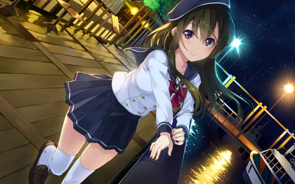 A vibrant anime scene featuring a girl in a sailor outfit, standing by a dock illuminated by moonlight and stars, making for an engaging HD desktop wallpaper and background.