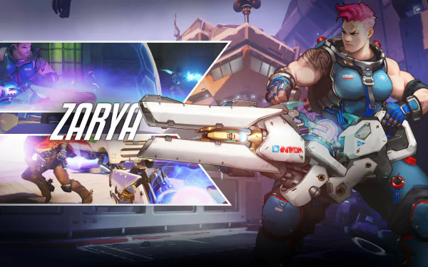 HD PC desktop wallpaper featuring Zarya from the video game Overwatch, showcasing her powerful stance with her particle cannon in a dynamic, action-packed scene.