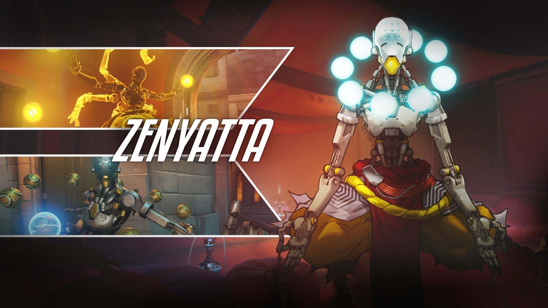 HD PC desktop wallpaper featuring Zenyatta, the robotic monk hero from the video game Overwatch, depicted in a dynamic and vibrant scene.