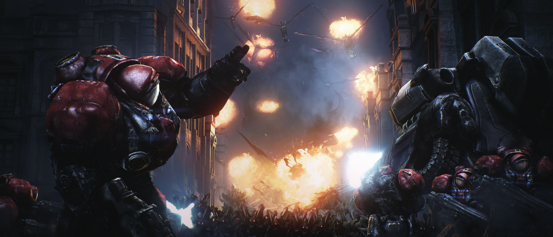2K Quad HD PC desktop wallpaper from the video game StarCraft II: armored warriors and alien creatures clash in an urban battle amid massive explosions and flying debris.