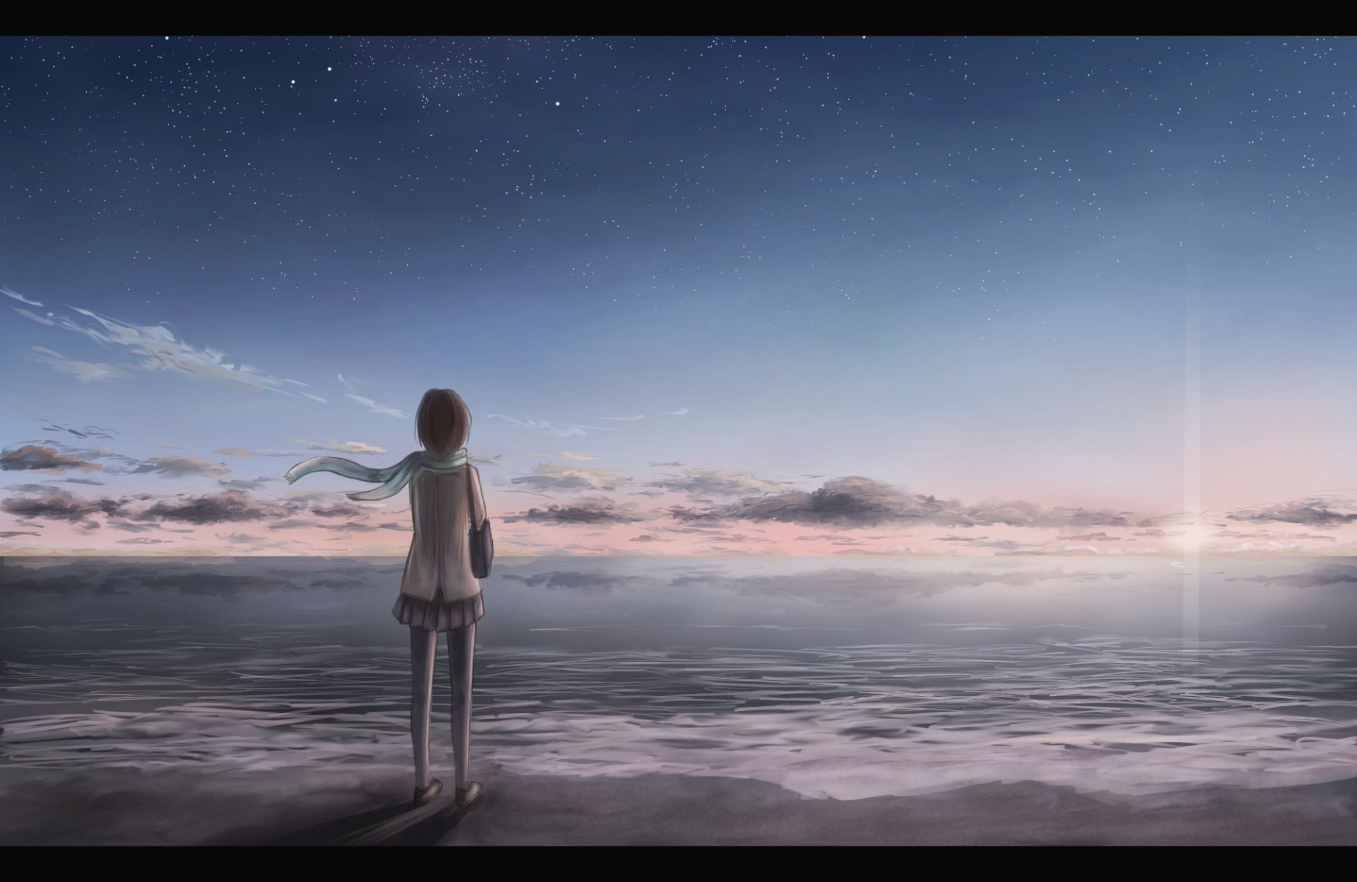 Anime original HD PC desktop wallpaper depicting a lone figure standing on the shore, gazing at a serene ocean under a vast, starry twilight sky.