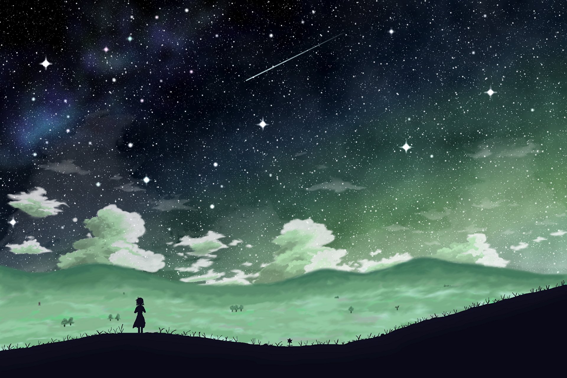 A serene anime scene featuring a silhouette of a girl against a starry sky, with a greenish backdrop of hills and clouds. An enchanting HD wallpaper for PC desktops.