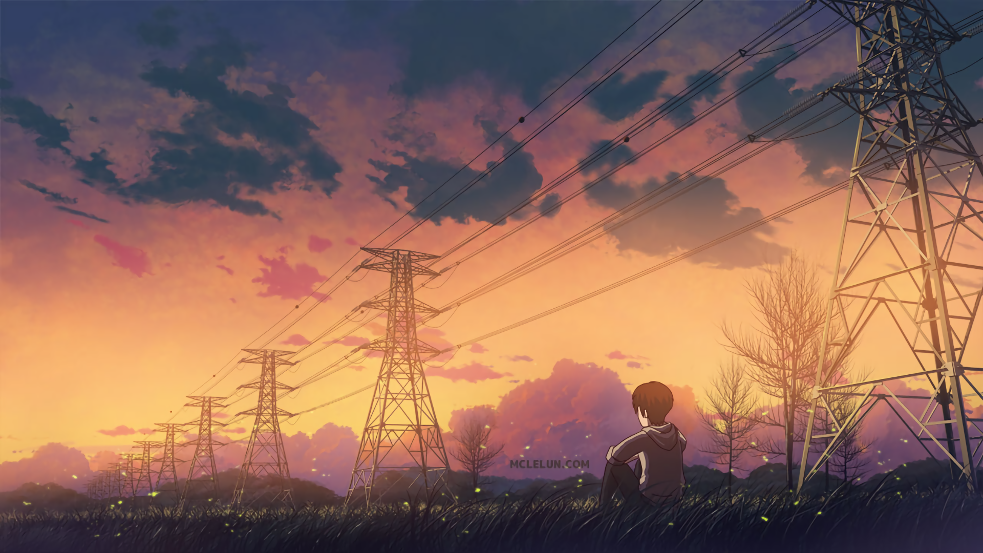 A serene anime-inspired scene featuring a young boy sitting in a field, gazing at a vibrant sunset with power lines silhouetted against the colorful sky. HD PC desktop wallpaper.