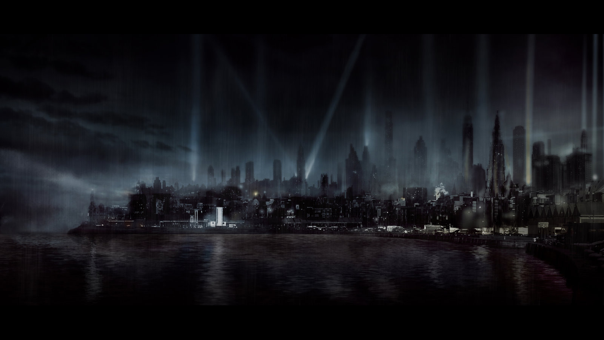 HD PC desktop wallpaper featuring a dark, futuristic sci-fi cityscape with towering skyscrapers and beams of light piercing the night sky.