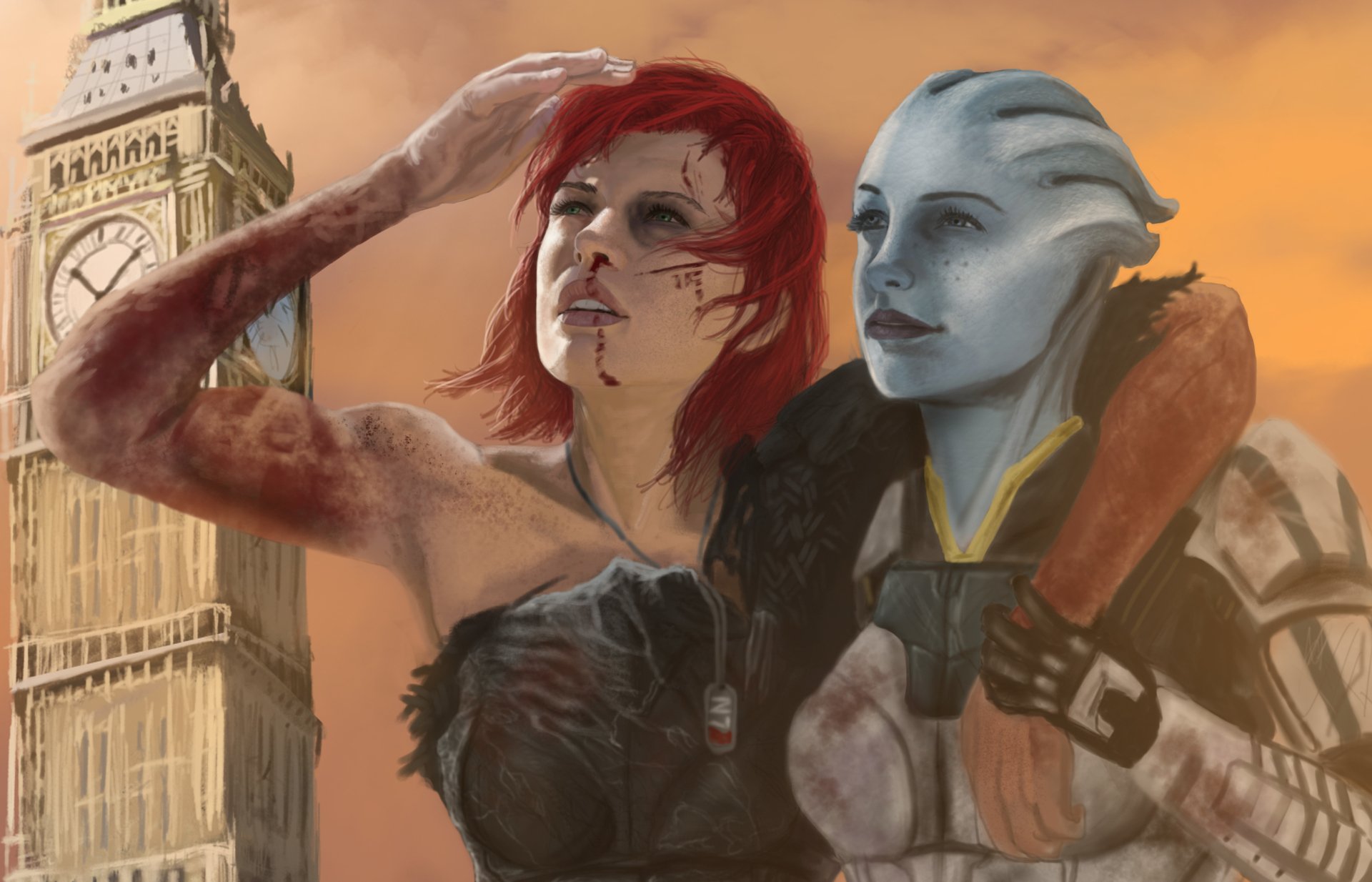 4K Ultra HD Mass Effect wallpaper featuring Commander Shepard with red hair and Liara T'Soni, an alien character, standing together near Big Ben at sunset.