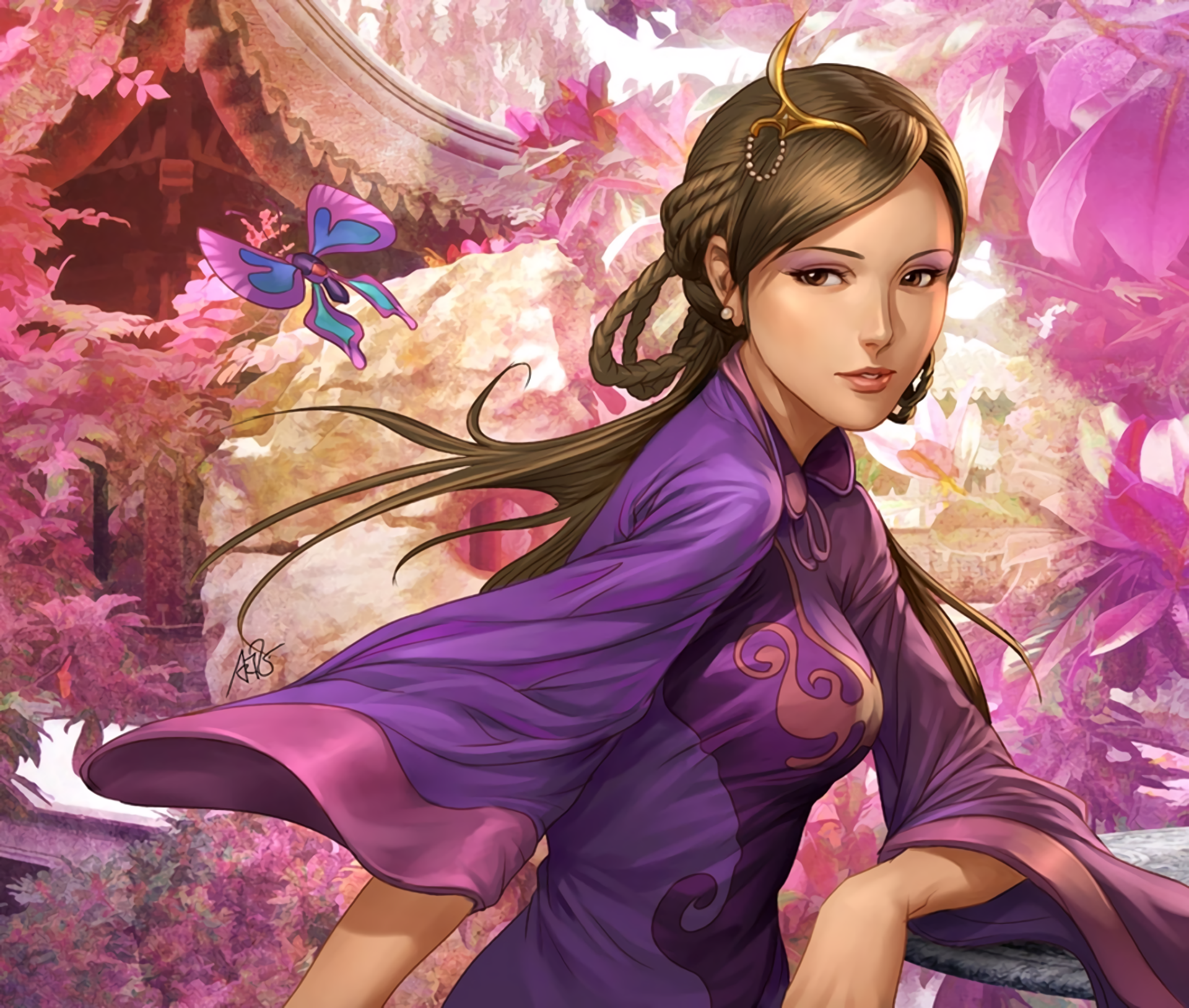 A fantastical scene featuring a young woman in a purple outfit, surrounded by vibrant foliage and a blue butterfly, inspired by General's Order in a HD video game backdrop.