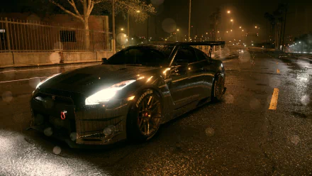 A sleek Nissan GT-R parked on a rain-soaked street, showcasing its stunning design and detailing, inspired by the Need For Speed (2015) video game. HD desktop wallpaper.