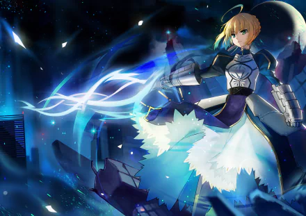 A stunning HD wallpaper featuring Saber from the Fate Series, showcasing her in dynamic action with vibrant blue energy and an enchanting background inspired by Fate/Stay Night.