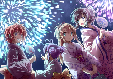 Anime-themed HD wallpaper from Non Non Biyori featuring characters in yukatas enjoying a vibrant fireworks display, capturing a festive summer atmosphere.