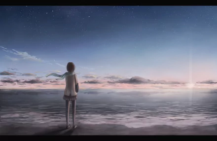 Anime original HD PC desktop wallpaper depicting a lone figure standing on the shore, gazing at a serene ocean under a vast, starry twilight sky.