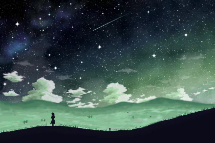 A serene anime scene featuring a silhouette of a girl against a starry sky, with a greenish backdrop of hills and clouds. An enchanting HD wallpaper for PC desktops.