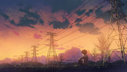 A serene anime-inspired scene featuring a young boy sitting in a field, gazing at a vibrant sunset with power lines silhouetted against the colorful sky. HD PC desktop wallpaper.