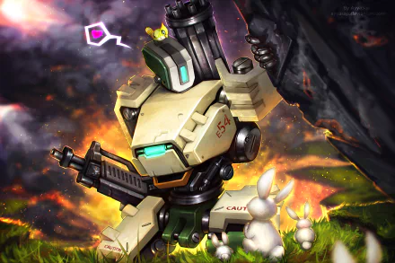 HD PC desktop wallpaper featuring Bastion from the video game Overwatch, depicted in a vibrant scene with glowing effects and small robotic companions.