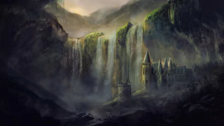A fantasy landscape featuring cascading waterfalls and a mysterious castle nestled among misty, mountainous terrain, rendered in high-definition for a PC desktop wallpaper.