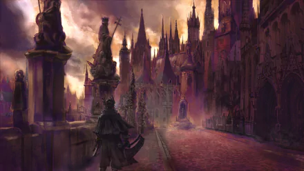Gothic Bloodborne HD PC wallpaper featuring a dark, eerie cityscape with towering spires and a lone cloaked figure walking down a misty street at dusk.