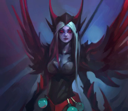 HD desktop wallpaper featuring Vengeful Spirit, a character from the video game DotA 2, with dark wings and glowing red eyes in a mysterious, shadowy setting.