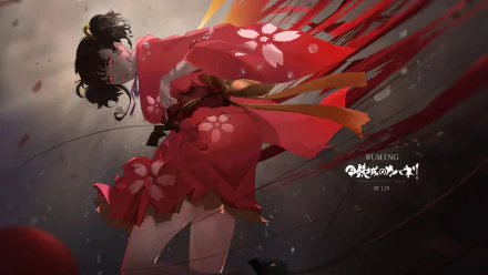 HD wallpaper featuring Mumei from Kabaneri of the Iron Fortress, dressed in a vibrant red kimono adorned with cherry blossoms, set against a dramatic, swirling background.
