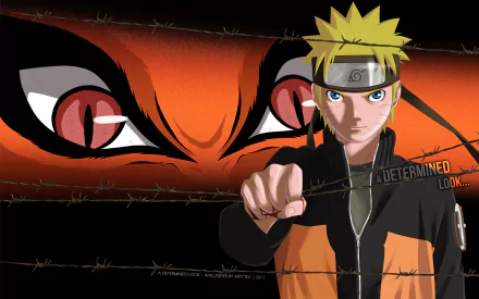 HD desktop wallpaper featuring Naruto Uzumaki with a determined look, set against the fiery eyes of Kurama (Kyūbi) from the Naruto anime. Barbed wire elements add intensity to the composition.