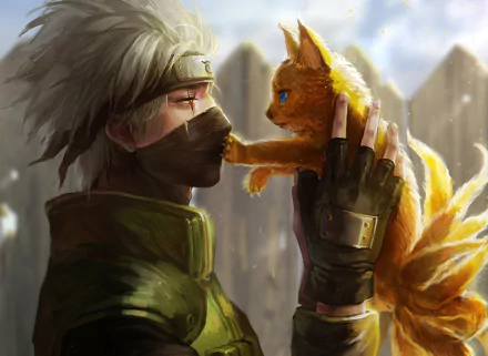 HD desktop wallpaper featuring Kakashi Hatake from Naruto holding a small Kyūbi fox. Kakashi is wearing his gloves and forehead protector, highlighting the anime theme.