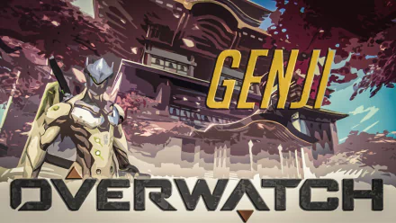 HD PC desktop wallpaper featuring Genji from Overwatch, set against a stylized backdrop with traditional Japanese architecture and cherry blossom trees.