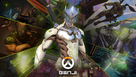 HD wallpaper featuring Genji from Overwatch, showcasing the character in dynamic poses with vibrant backgrounds and the official Overwatch logo prominently displayed.