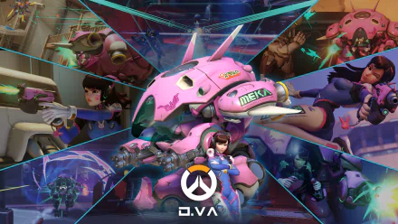 D.Va from Overwatch is prominently featured in this vibrant HD wallpaper, showcasing dynamic scenes from the game with her iconic pink mech and action-packed poses.