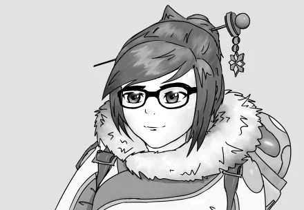 Black and white 4K Ultra HD desktop wallpaper of Mei from the video game Overwatch, featuring her distinct glasses and winter outfit.
