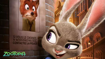 HD wallpaper featuring Judy Hopps from the movie Zootopia, playfully interacting with a poster of Nick Wilde in a vibrant urban setting.