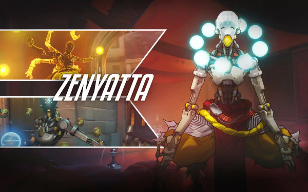 HD PC desktop wallpaper featuring Zenyatta, the robotic monk hero from the video game Overwatch, depicted in a dynamic and vibrant scene.