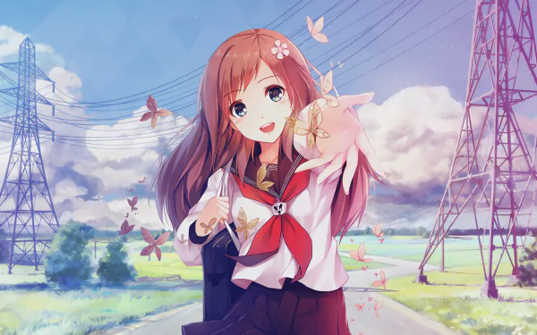 HD wallpaper featuring an anime girl with brown hair in a uniform, holding a flower, surrounded by power lines and butterflies against a rural backdrop.