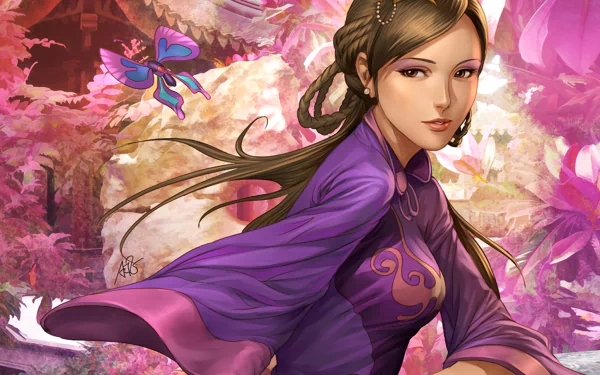 A fantastical scene featuring a young woman in a purple outfit, surrounded by vibrant foliage and a blue butterfly, inspired by General's Order in a HD video game backdrop.