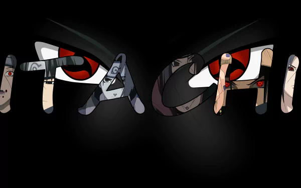 HD desktop wallpaper featuring the Sharingan eyes of Sasuke and Itachi Uchiha from the Naruto anime, with the name Itachi formed by images of various characters.