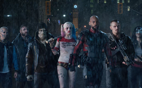 HD desktop wallpaper featuring the characters from the movie Suicide Squad standing together in the rain.