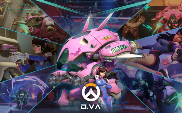 D.Va from Overwatch is prominently featured in this vibrant HD wallpaper, showcasing dynamic scenes from the game with her iconic pink mech and action-packed poses.