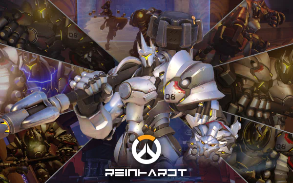 HD PC desktop wallpaper featuring Reinhardt, the armored hero from the video game Overwatch, showcasing dynamic action poses and detailed sci-fi armor.