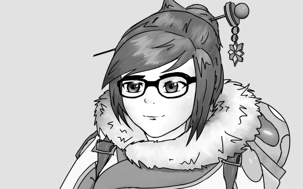 Black and white 4K Ultra HD desktop wallpaper of Mei from the video game Overwatch, featuring her distinct glasses and winter outfit.