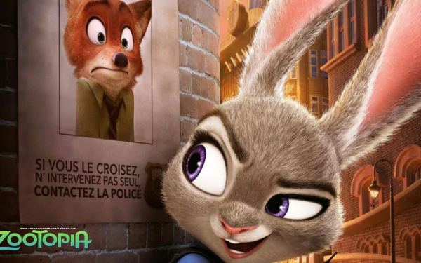 HD wallpaper featuring Judy Hopps from the movie Zootopia, playfully interacting with a poster of Nick Wilde in a vibrant urban setting.