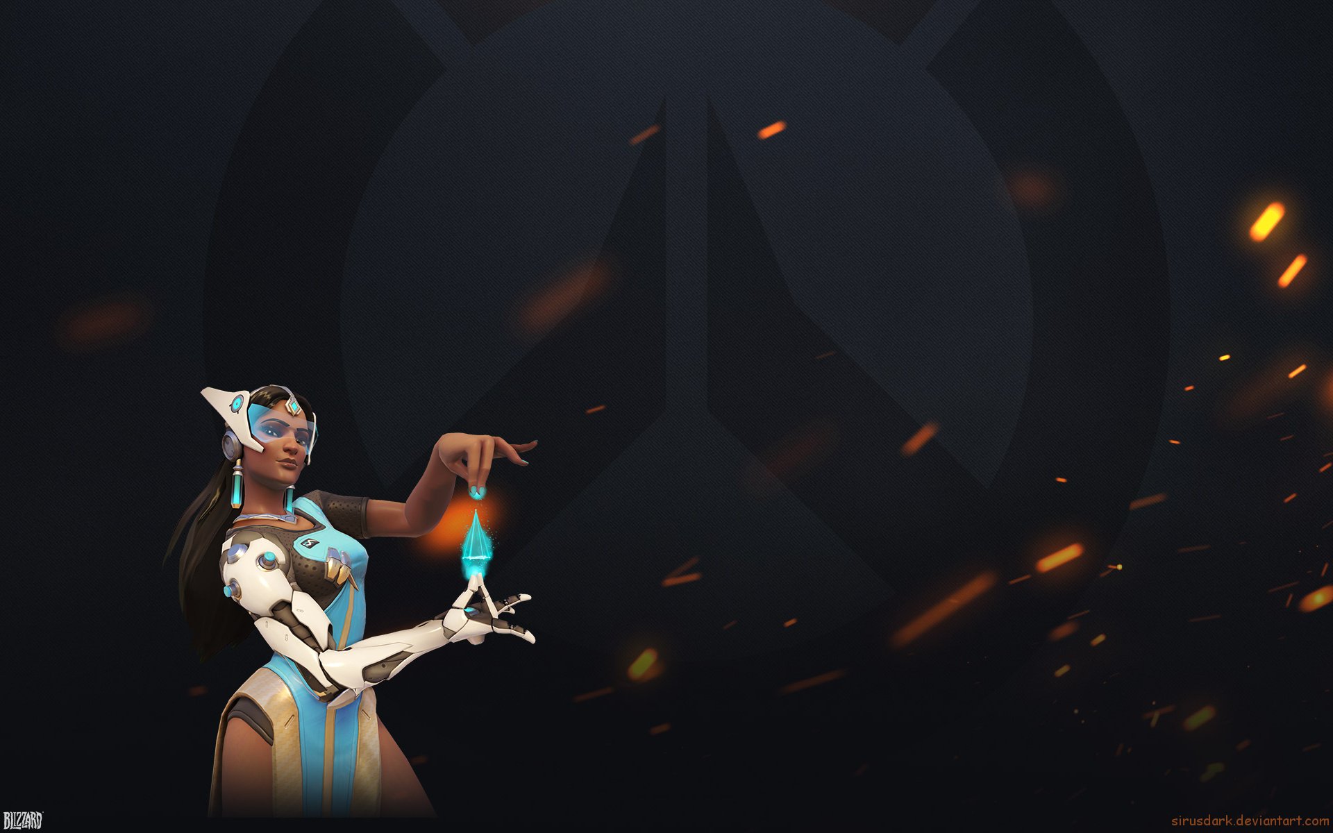 HD PC desktop wallpaper of Symmetra (Overwatch) forming a glowing blue construct in her hand against a dark backdrop with orange sparks.