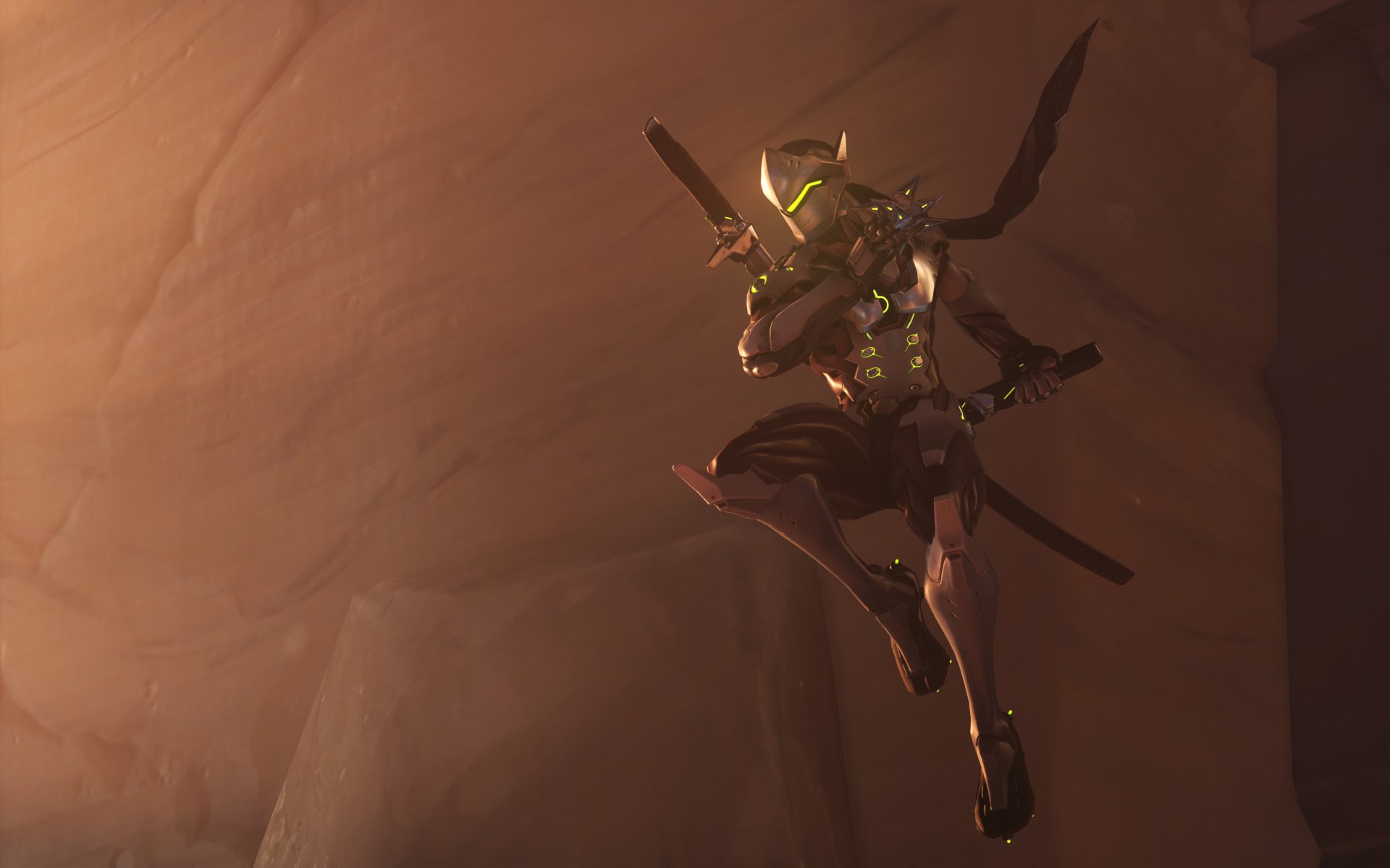 Genji from Overwatch leaps into action in this vibrant 4K Ultra HD desktop wallpaper, showcasing dynamic movement and captivating colors from the popular video game.