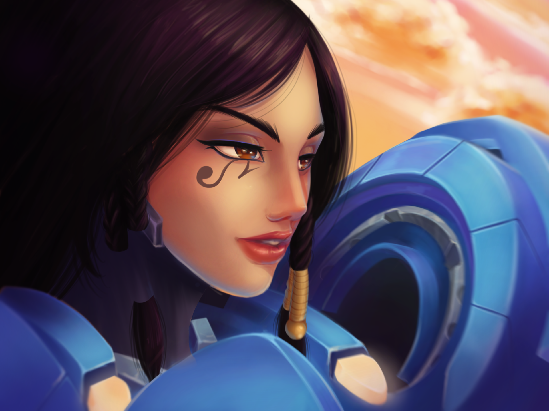 HD PC desktop wallpaper featuring a detailed close-up of Pharah from the video game Overwatch, showcasing her iconic blue armor and face markings.