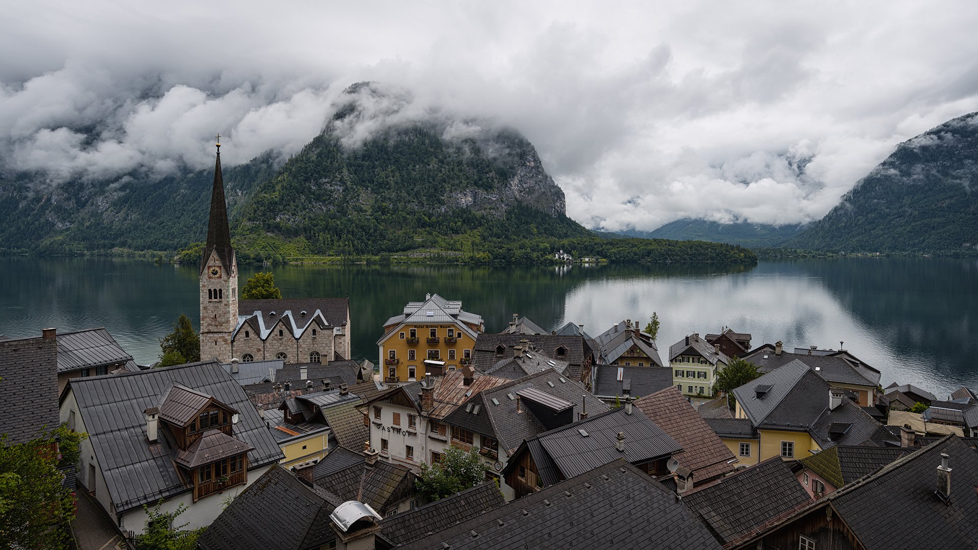 Download Lake Village Church House Austria Man Made Hallstatt HD Wallpaper